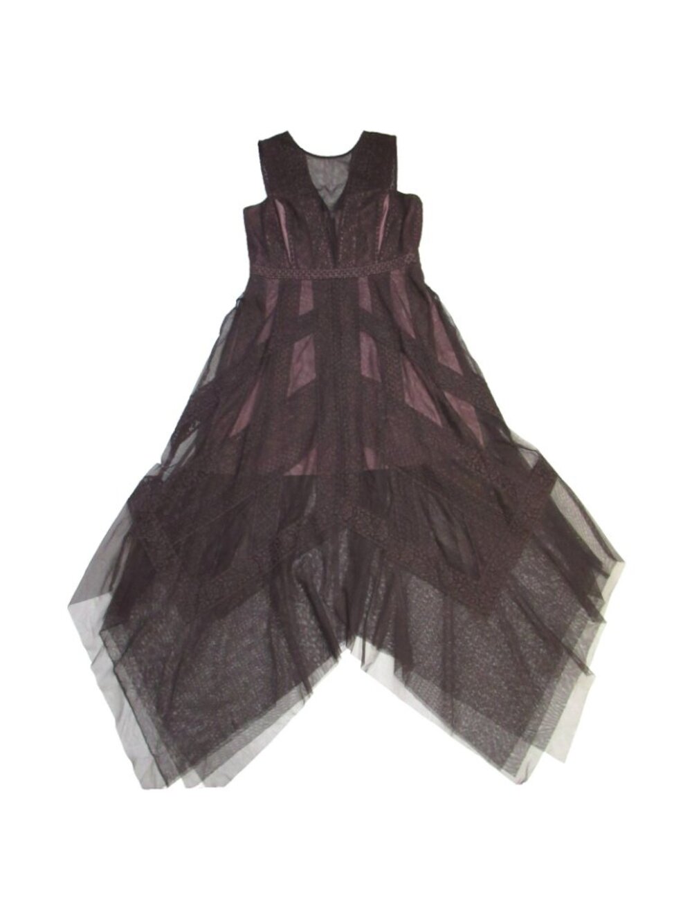 NWT BCBG MaxAzria Andi in Coffee Bean Brown Lace Handkerchief Hem Sheer Dress 12 - Picture 5 of 9